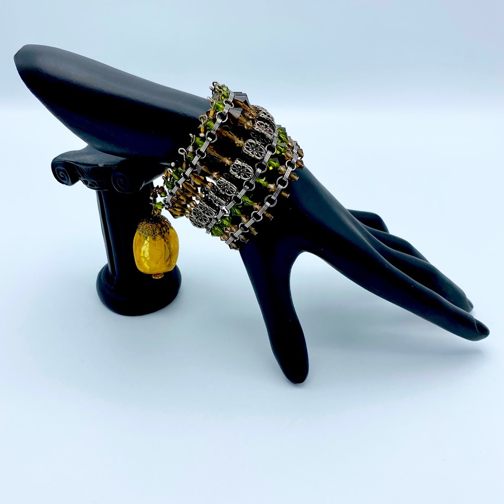 Boho Chick Faux Amber Silver Tone Multi Faceted Beaded Hippie Chic Bracelet